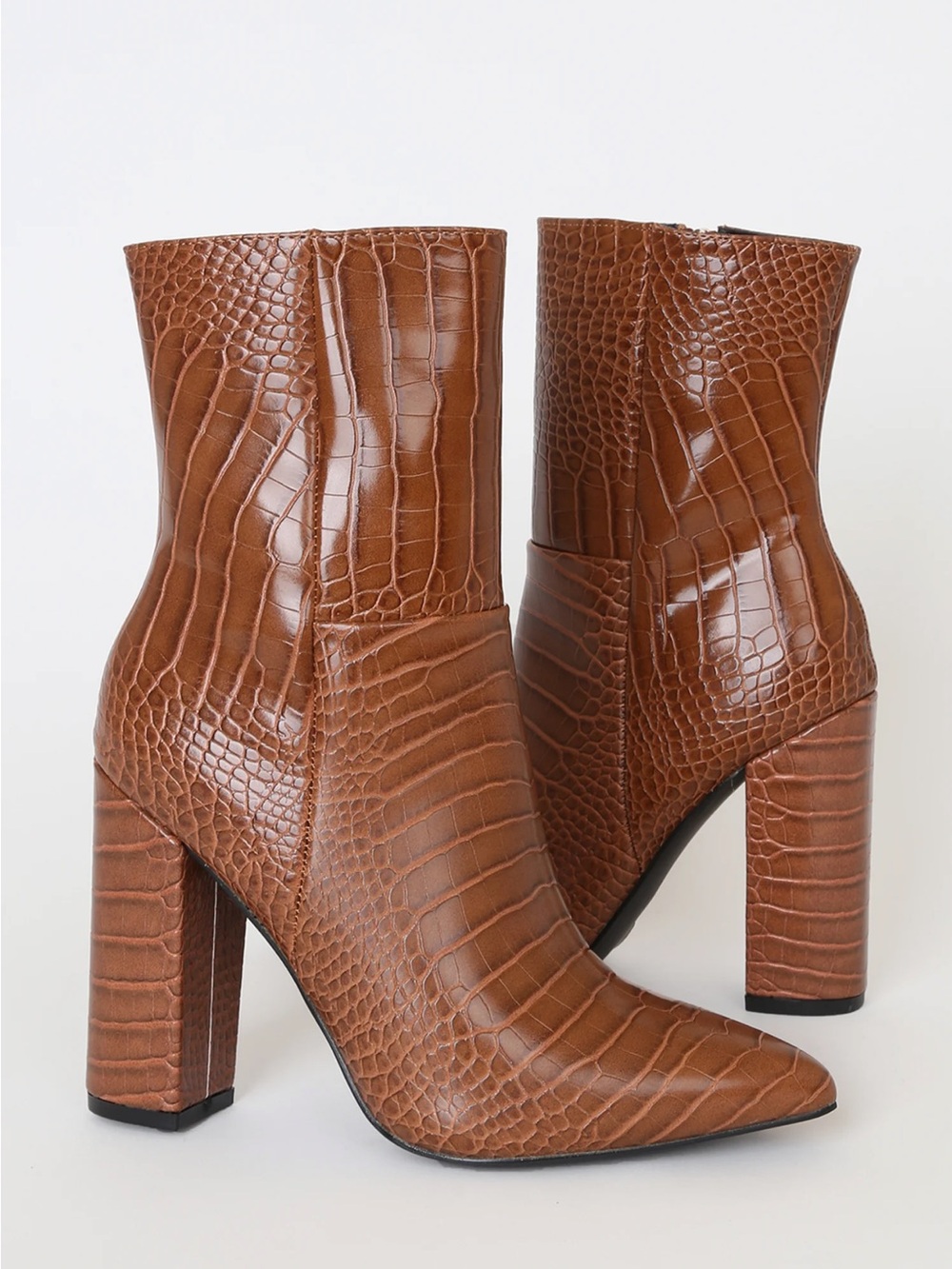 Lulu's Brown Croc-Embossed Block Heel Ankle Boots - Picture 3 of 3